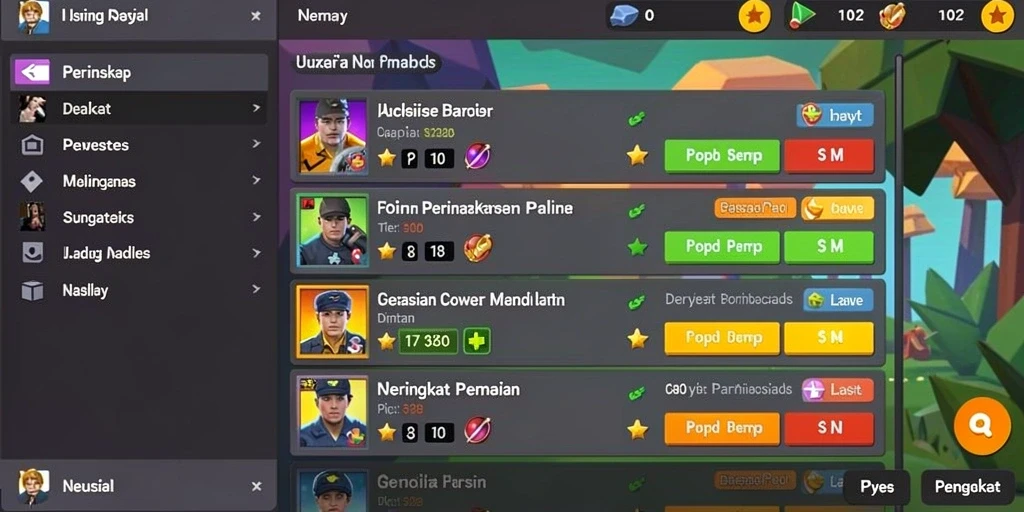 Tampilan menu permainan yang lengkap dan terorganisir.